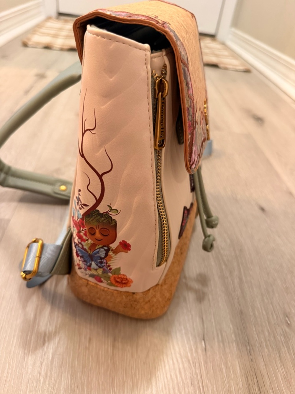 Loungefly Pink & Cork Mini Backpack with Green Butterfly Patch - Picture 4 of 9